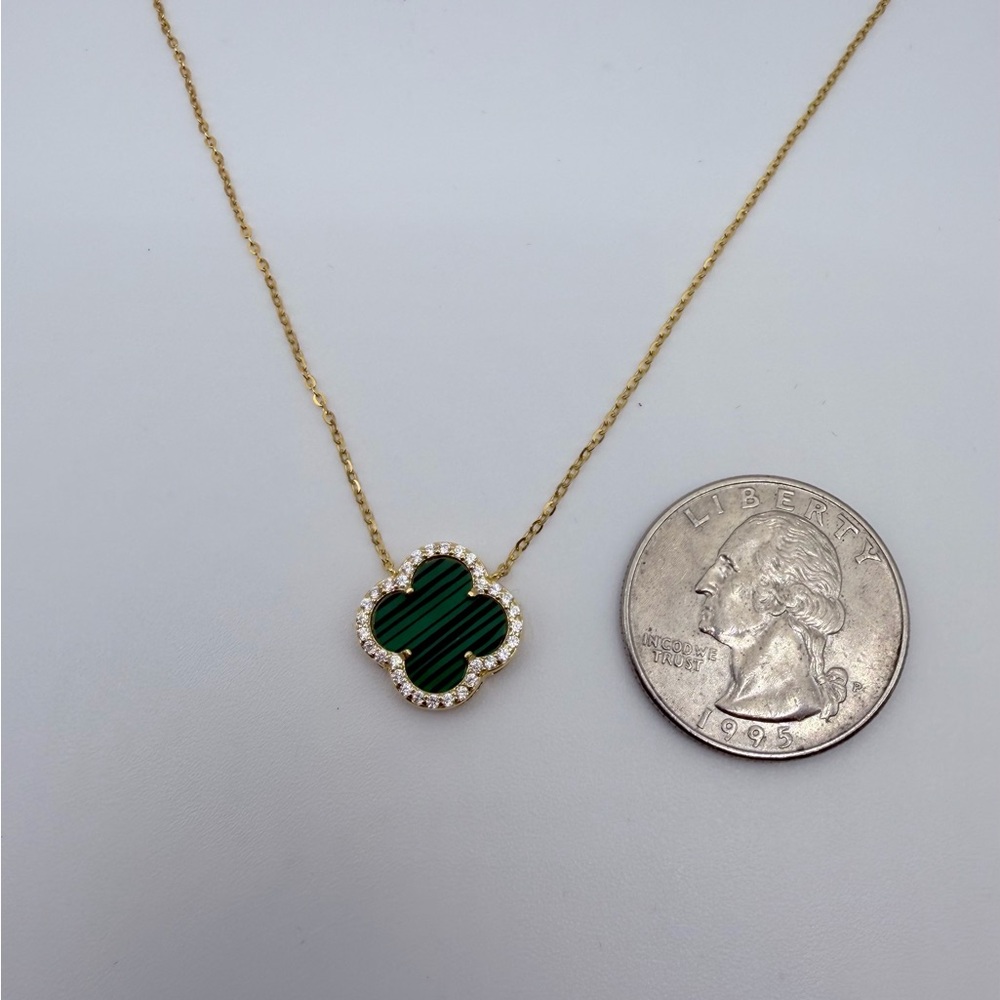 Pave Outlined Four Leaf Clover Malachite Necklace S925 NWT - Picture 5 of 5